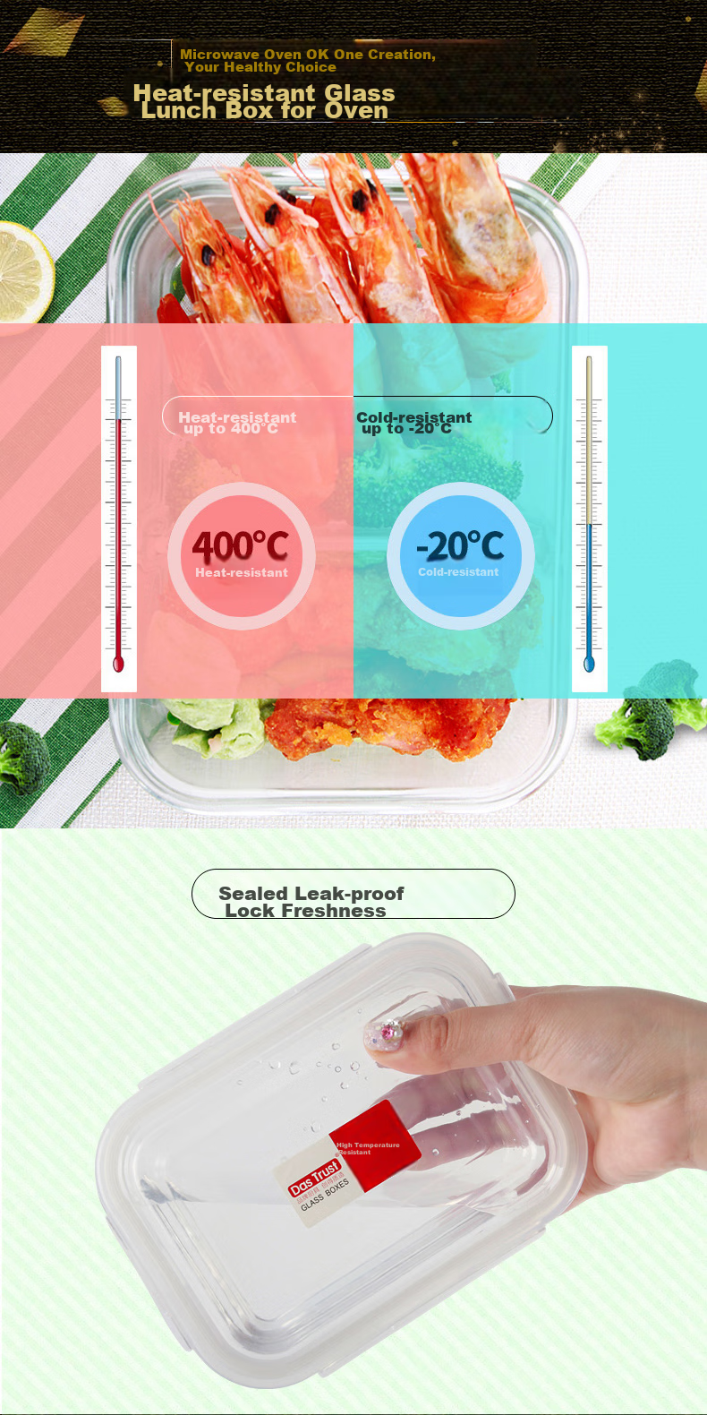 Chuangde Heat-Resistant Glass Food Storage Container, Microwave-Safe Lunch Box, Refrigerator Organizer Bento Bowl Meal Container, Heightened 3-Compartment 1020ml 15