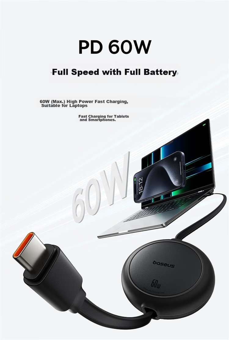 Baseus Retractable Type-C Data Cable, 3A Fast Charging Cord, Compatible with Apple 15/16 Pro Max/Huawei Mate70, Charging Cable for Xiaomi Phones, Carplay, Car-Mounted, 1 Meter 10