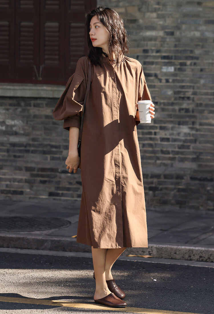 Dme [Pink Mid-Sleeve Dress], Summer Style, Soft Pink Round Neck, Puff Sleeves, Long Dress for Wome 3