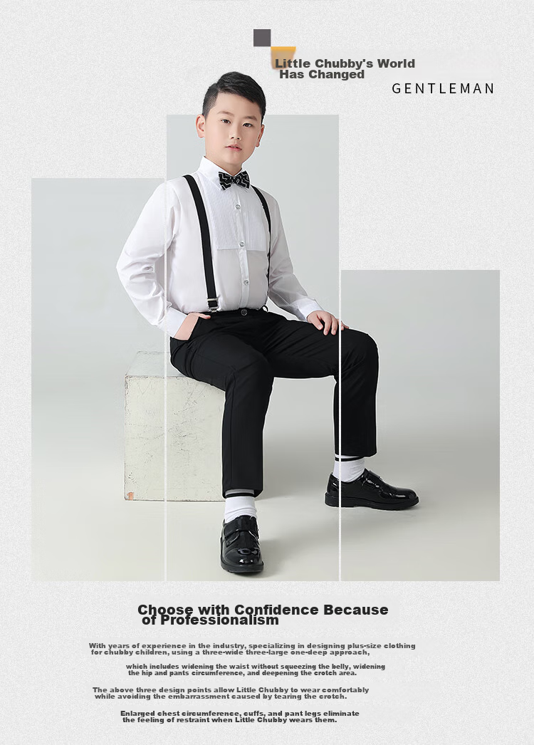 LUOBOBEIBEI Plus-Size Boys' Formal Wear, New Year's Outfit for Older Children, Enlarged Shirt And Suspender Pants, Black Four-Piece Set, Size 150 3