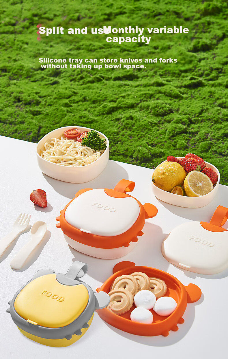 HOY BELL Baby Dining Plate with Suction Cup, Silicone Children's Cutlery, Learning to Eat Divided Feeding Bowl, Green Fork And Spoon 3-Piece Set 9