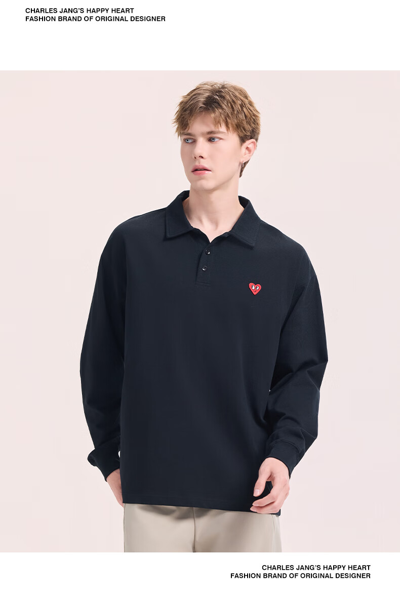 Charles Peach Heart Simple Collar Polo Sweatshirt Unisex Couple Small Heart Chest Autumn Long Sleeve Off-White S 8