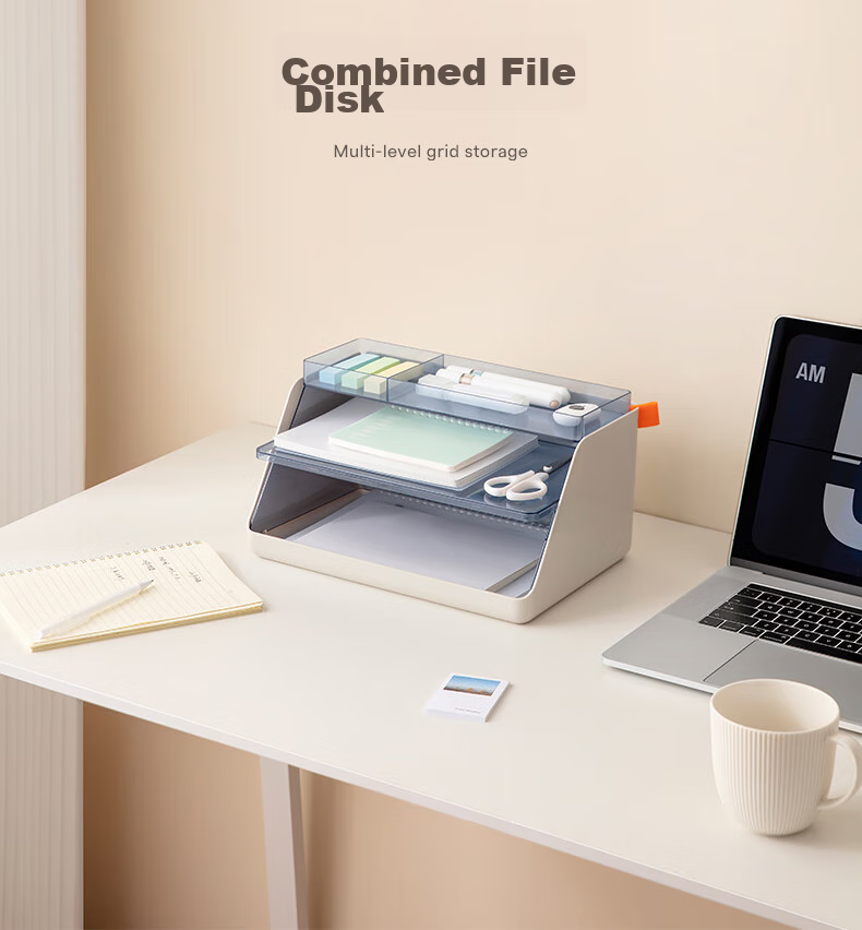 Deli Xdomo Series Three-Layer Combination File Tray, Office Desk Makeup File Organizer with Dividers, Light Gray XDM34 2