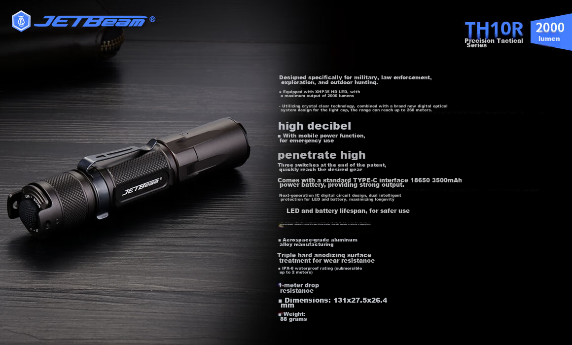 JETBeam TH10R High-Intensity Flashlight, Ultra-Bright Long-Lasting Long-Range Searchlight, Outdoor Emergency Light, Tactical Camping Light 13