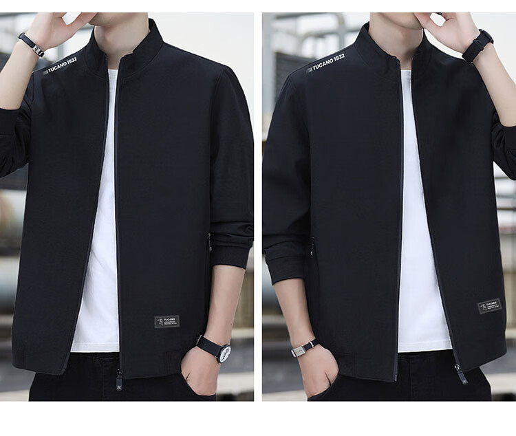 TUCANO Men's Jacket, Spring And Autumn Business Casual Executive Stand-Collar Loose-Fit Coat, Black, Size L 10