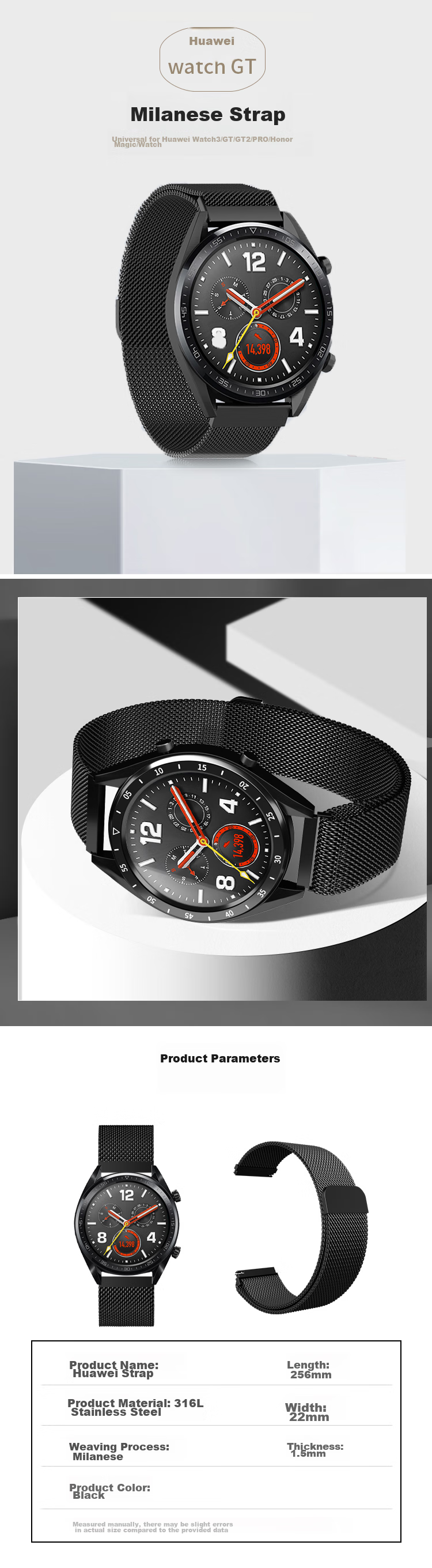 MAIKUQI Compatible with Huawei Watch Bands for Watch4/3/GT3/2/1/Pro, Milan Steel Strap, Black, Magnetic Clasp, Universal Fit for 46/48mm Watch Faces, 22mm Width 1