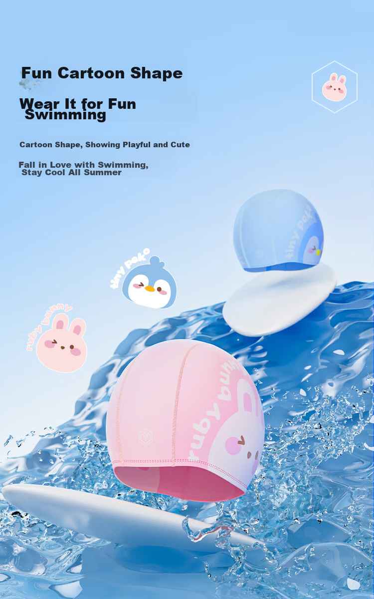 JD Original Children's Swim Cap, Soft Comfortable Cute Swimming Cap for Boys And Girls, Cartoon Print Fabric Cap, Fun Blue 4