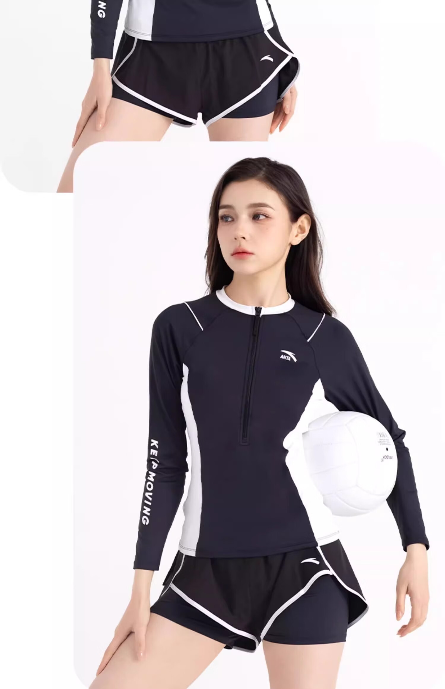 ANTA Slim Waist Swimsuit for Women, 2026 New Two-Piece Conservative Long-Sleeve Swimwear, Plus Size Hot Spring Swimsuit for Curvy Girls, Black And White, Size M 16