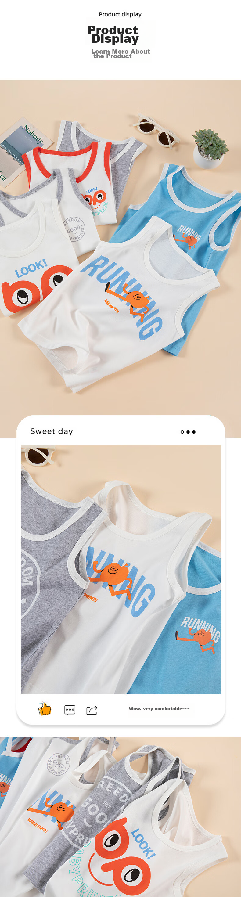 Babyprints Children's Tank Top Boys' T-Shirt Summer Sleeveless Undershirt Little Boy's Top Pure Cotton 2-Piece Set Red 150 4