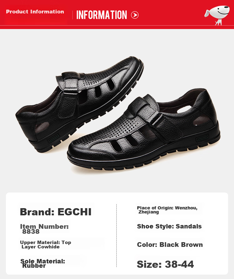 EGCHI Men's Sandals, Hollow-Out Slip-On, Top-Grain Leather, Velcro Casual Leather Sandals, J8838, Black, Size 39 7