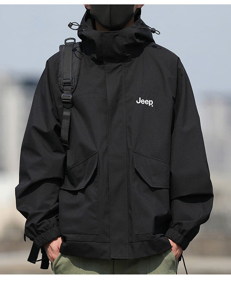 JEEP Men's Jacket, Spring And Autumn Outerwear, Loose Casual Workwear, Windbreaker for Men And Women, Couples' Clothing, Black, Size S 18