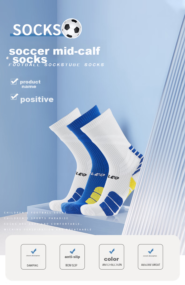 VICLeO Children's Mid-Calf Soccer Socks with Terry Bottom, Non-Slip Professional Running Sports Training Socks V621364 Blue S Size 1