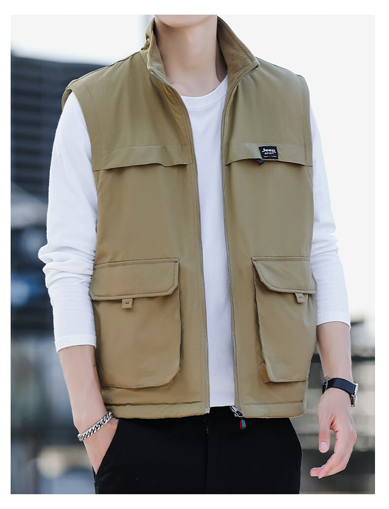 JEEP SPIRIT Fleece-Lined Casual Vest for Men, Spring And Autumn Wear, Two-Way Vest, Workwear Jacket, Khaki, 2XL 12