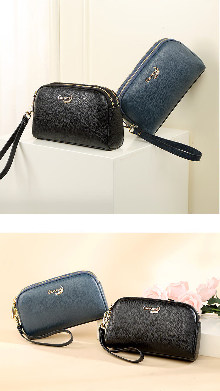 CROCODILE Goddess Festival Double Zipper Top-Grain Leather Wristlet, Women's Clutch Bag, Simple Long Wallet T2008 Black 3