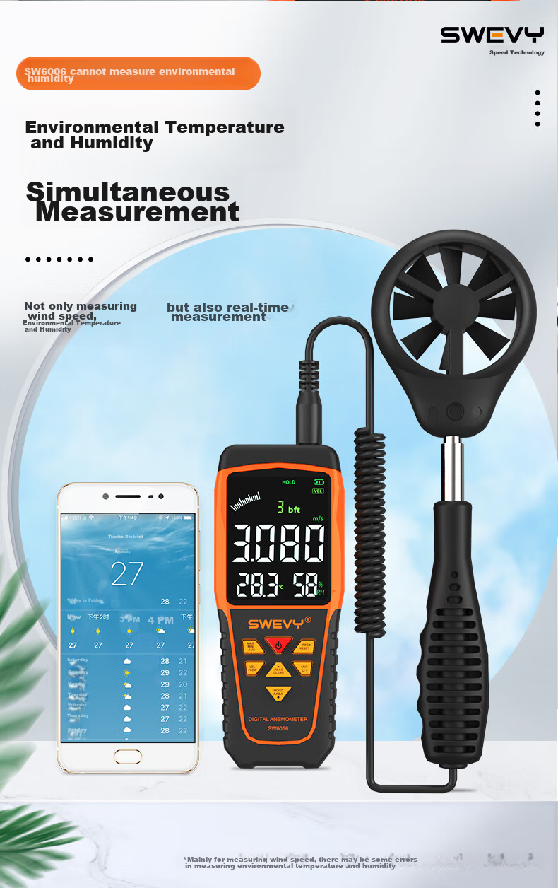 Suwei Anemometer Measures Wind Speed, High-Precision Handheld Air Flow Meter SW6016 8