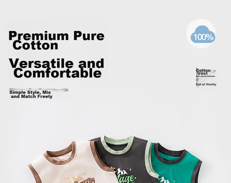 NUBIWU Children's Pure Cotton Tank Top, Summer Thin Breathable Undershirt, Boys Stylish Printed Sleeveless T-Shirt, Wide Shoulder Vest 1