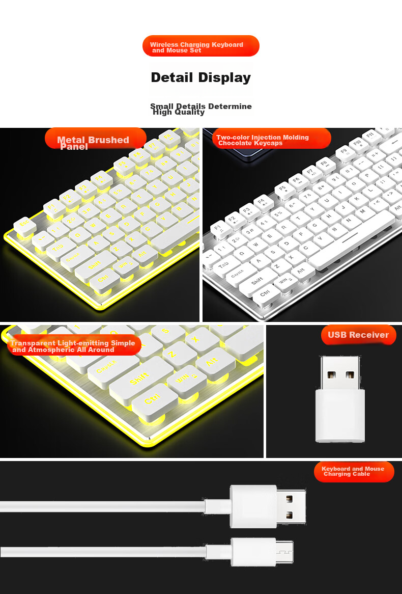 EWEADN X7S Wireless Keyboard And Mouse Combo, 108-Key Office Keyboard, Low-Profile Keyboard for Office, E-Sports Gaming, Universal for Desktop And Laptop Computers, Rechargeable Keyboard, White with Yellow Light 9