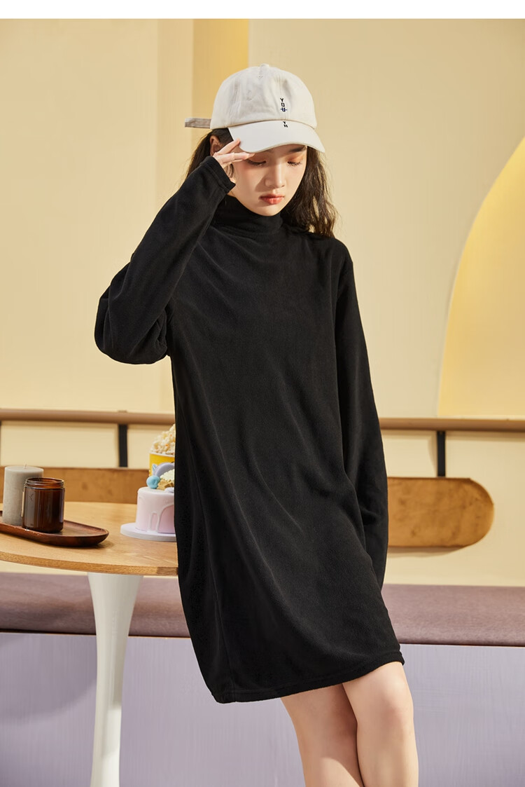 TonLion 2024 Women's Fleece High Neck Knit Long Sleeve Dress Black S 7