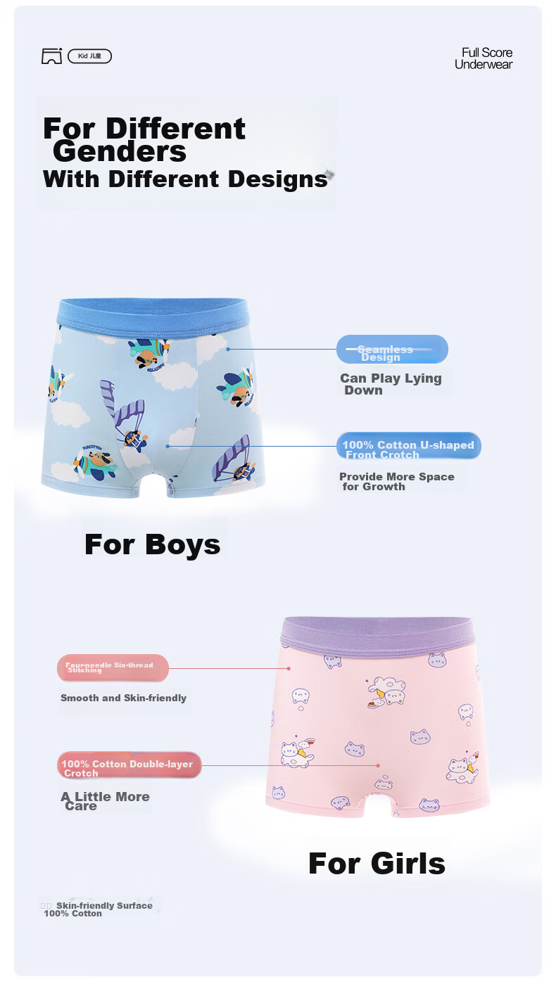PurCotton Children's Antibacterial Underwear, 3-Pack, Boys And Girls Boxer Briefs, Baby Shorts, Breathable, for Ages 6-12, Boys And Girls 13