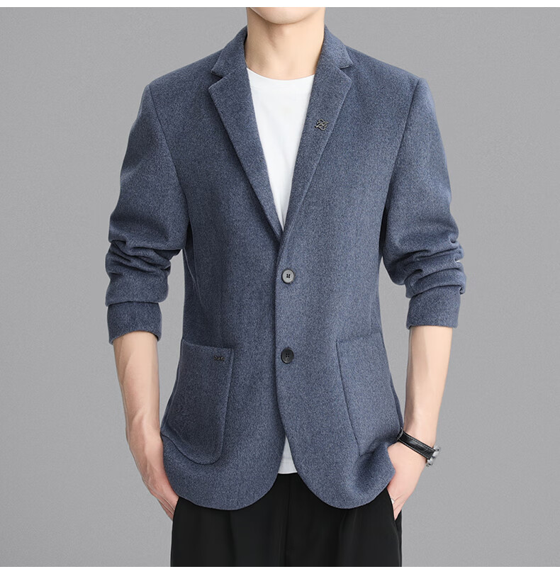ROMON Men's Wool Blend Blazer Spring Autumn Business Casual Single Suit Coat Warm Jacket XF87 Dark Blue L 4