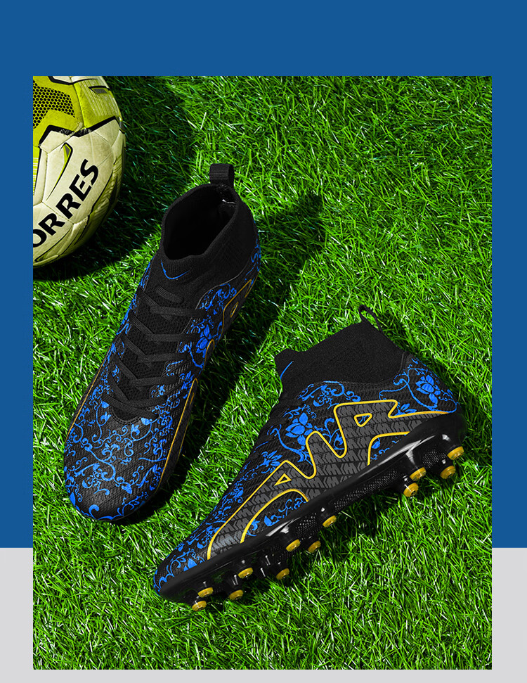 Double Star Bate Men's FG Soccer Shoes High-Top Training Shoes Professional Artificial Grass Adult Match Black Blue Size 44 4