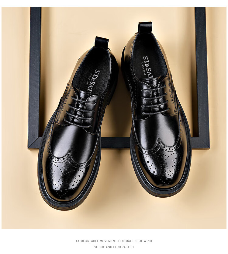 St&Sat Men's Shoes, Top-Layer Cowhide Business Formal Leather Shoes, British Style Men's Brogue Casual Leather Shoes, Black, Size 42 4