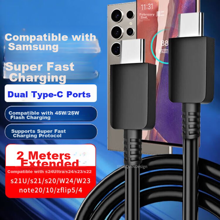 Yingqian Compatible Samsung Data Cable Charging Cord Type-C Double-Ended 2 Meters Fast Charging 45W Charger Cable S25/s24/s23/ultra/W26/W25/zflip/note20/a54