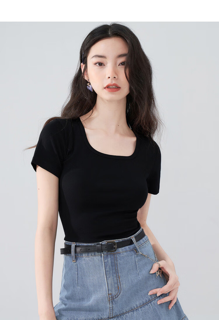 TUCANO Pure Cotton Regular Shoulder Short Sleeve T-Shirt for Women, Summer New Style Square Neck Simple Casual Slimming Top Undershirt, Black, 2XL 10