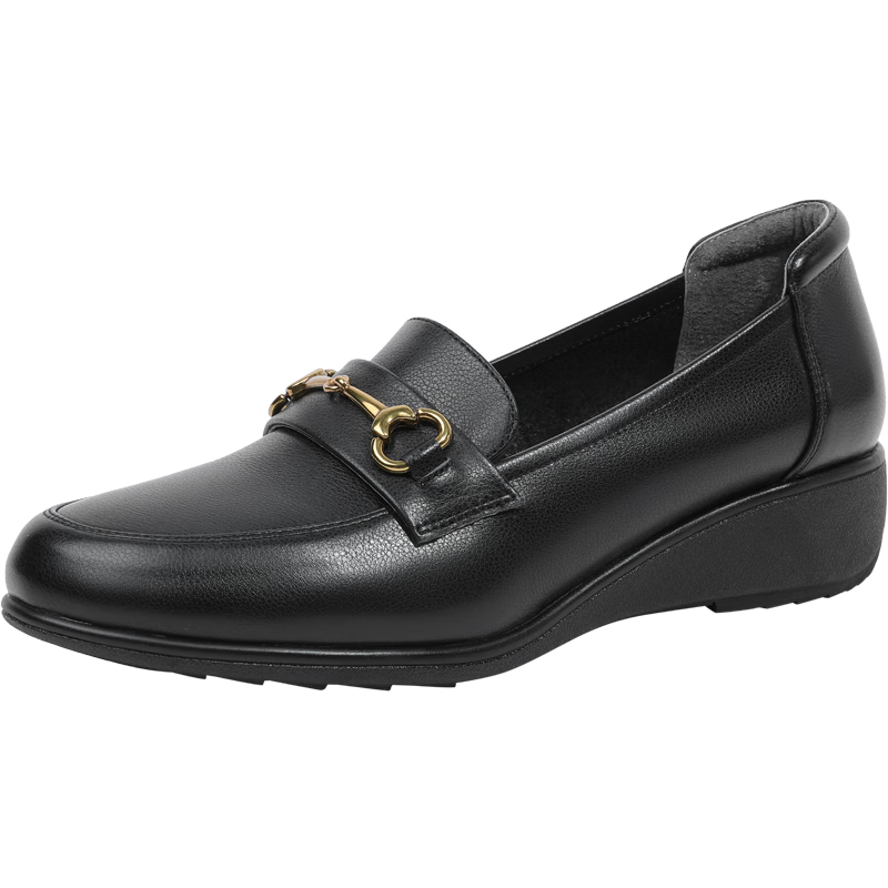 Goldlion Women's Shoes, Mom Leather Shoes, Slip-On Shallow Mouth Women's Flats, Wedge Round Toe Loafers, G662330071, Black, Size 39