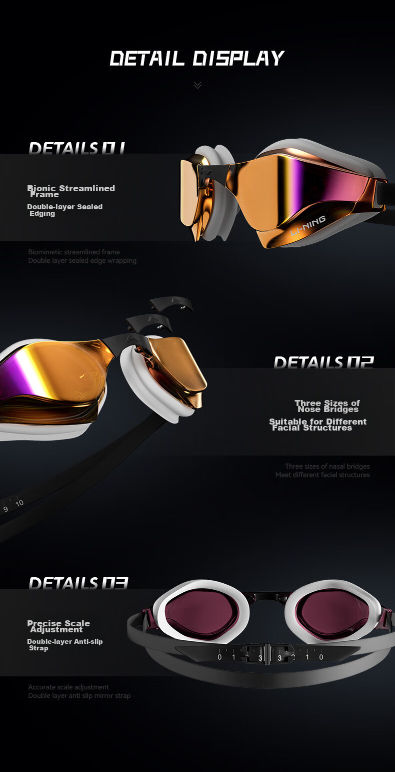 Li-Ning Swimming Goggles for Men And Women, Coated High-Definition Anti-Fog Professional Advanced Competitive Speed Swimming Glasses 2701 Purple 10
