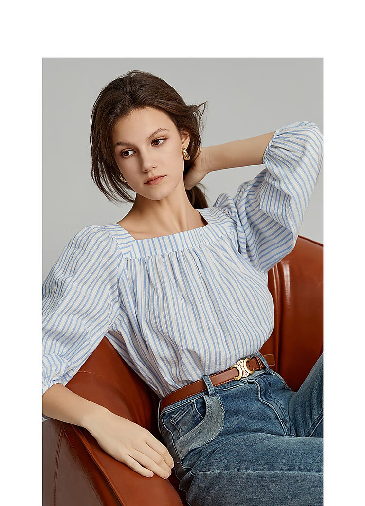 Dme [Line Game] Spring And Autumn Breathable Pure Cotton Shirt, Retro Striped Lantern Sleeves, Slimming Comfortable Blouse 5