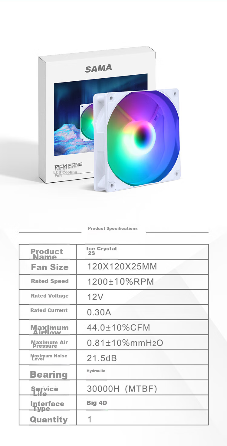 SAMA Ice Crystal 2S Snow Edition 12cm Case Cooling Fan (Tri-Color Fixed RGB Lighting, Axial Illumination, Large 4D Connector for daisy-Chaining, Hydraulic Bearing, Plug-And) 5