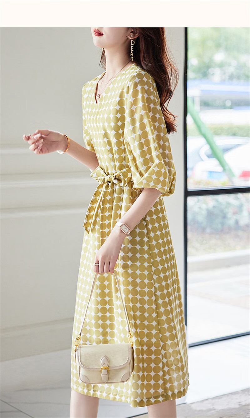 Dme Commuting Polka Dot Vintage Dress Summer V-Neck Lantern Sleeve Chiffon Mid-Length Dress for Women 22