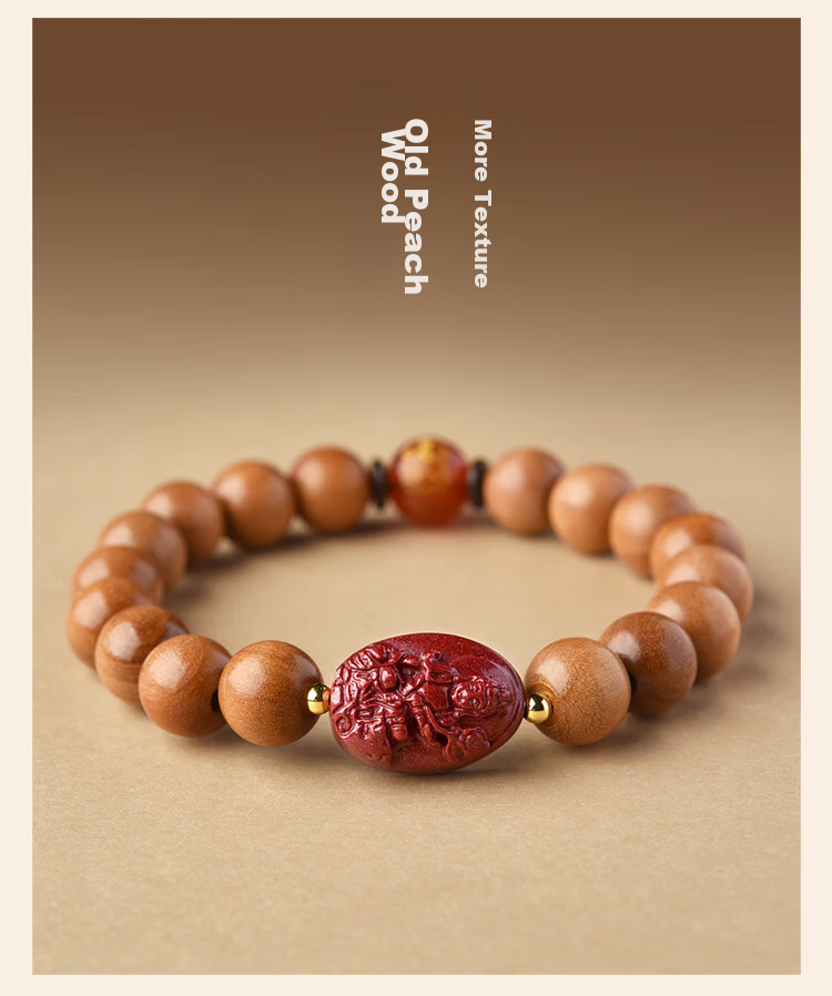 Lingfei Peach Wood Bracelet for Men And Women, Collectible Prayer Beads, Zodiac Year Agate Cinnabar Birthday Gift, Ox Tiger 10mm 9