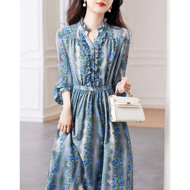 Dme [Huayao Crinkle Floral Print Dress] Spring And Autumn Stand-Collar Waist-Cinching Ruffle Trim Dress for Wome