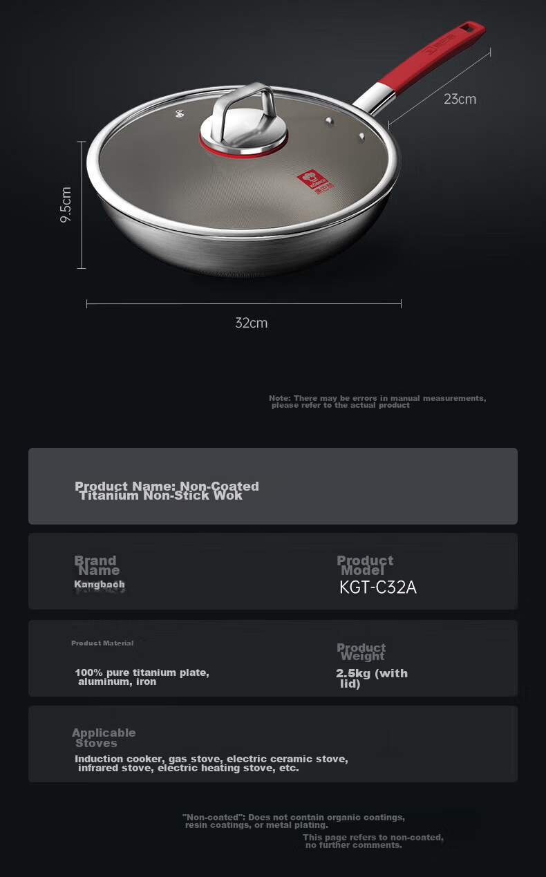 Kobach Pure Titanium Wok, Non-Stick Pan, Frying Pan, Flat Bottom Pan, Uncoated Titanium Pan, Compatible with Induction And Gas Stoves, 30cm 14