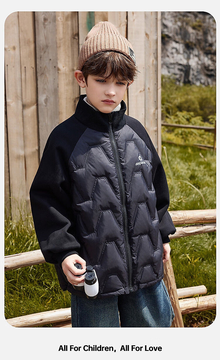 ASK JUNIOR Boys' Down Jacket Autumn Winter Warm 90% Down Raglan Sleeve Zip-up Coat Black 160cm 17