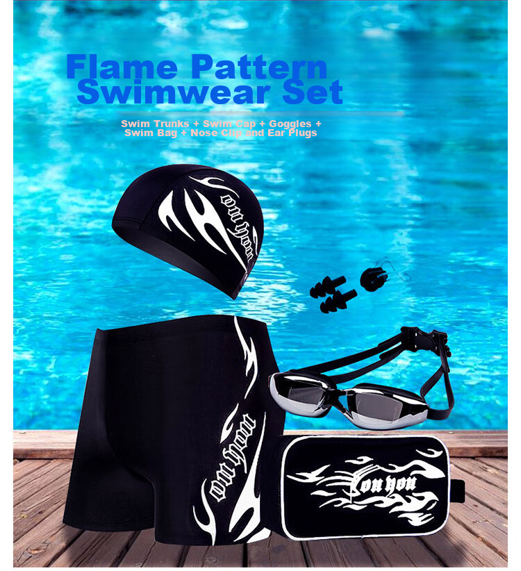 Youyou Swimming Trunks, Goggles, Men's Set, Swim Cap, Five-Piece Flame Set, Z25101, Black with Silver Flame, 3XL Size 1