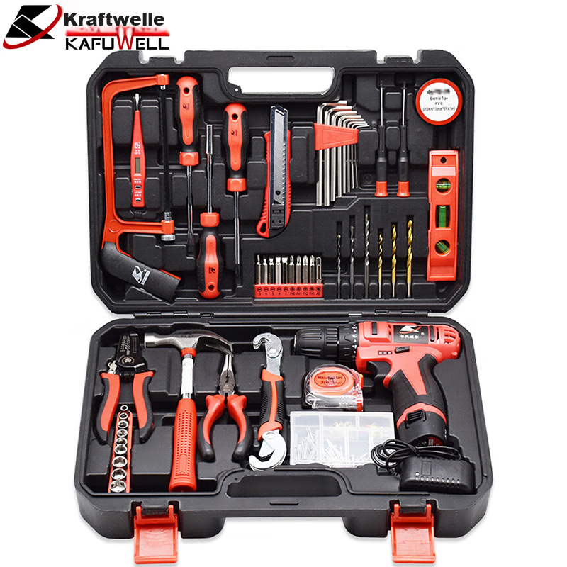 Kafuweier 109-Piece Household Electric Drill Tool Box Set with Rechargeable Electric Screwdriver for Electrical Maintenance P2982A