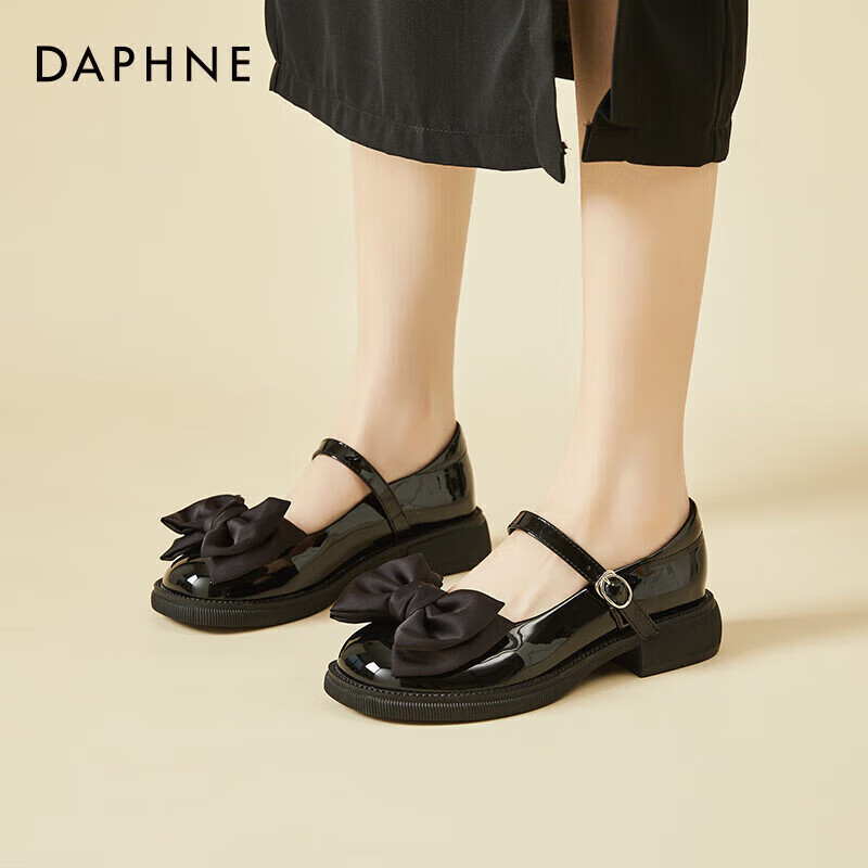 DAPHNE Mary Jane Leather Shoes for Women, Japanese JK Style Flat Soft Sole Bow Tie Flats 4623101026 Black Size 35