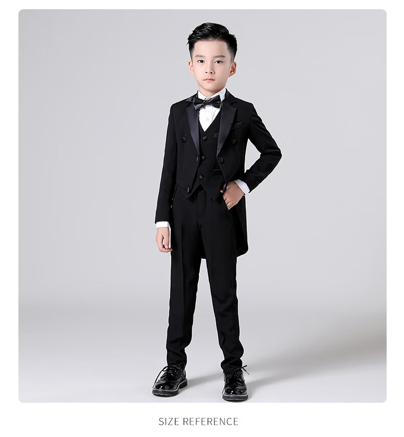 Luomeng Boys' Formal Suit Set, Little Host Piano Performance Outfit, Flower Boy Tailcoat, Black, Size 170 14