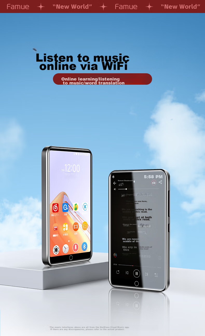 FAMUE BF12 MP3/MP4 Lossless Music Player, Smart WIFI Closed Network System, MP5 Student English Portable Player, Online Song Listening Bluetooth Dictionary, 4+32GB 1