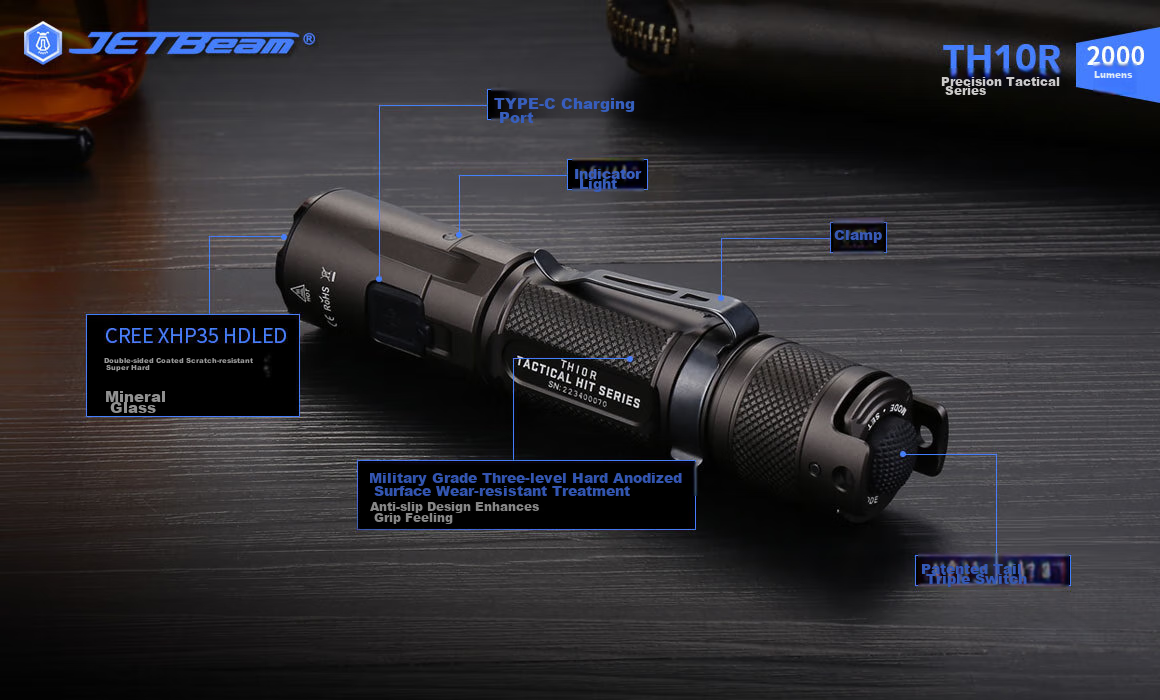JETBeam TH10R High-Intensity Flashlight, Ultra-Bright Long-Lasting Long-Range Searchlight, Outdoor Emergency Light, Tactical Camping Light 10
