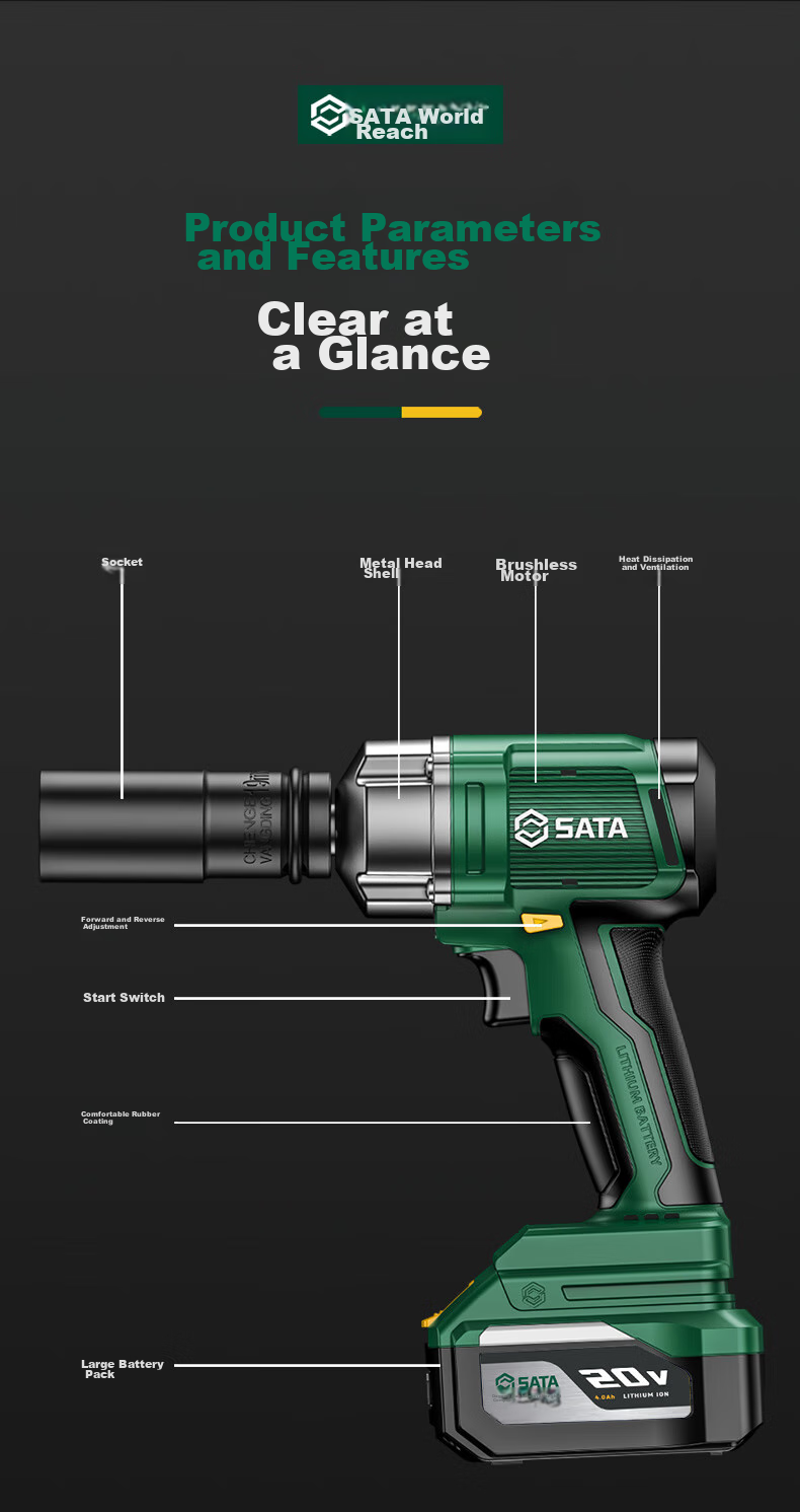 SATA Brushless Electric Wrench Lithium Impact Wrench High Torque Electric Socket Air Gun D05757 with Two Batteries 28