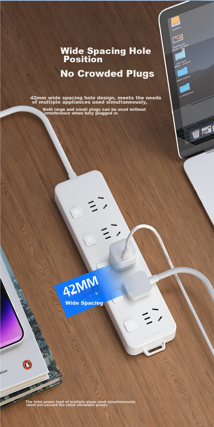 PHILIPS 5-Outlet Independent Switch, 2.8 Meters, Large Hole Spacing, Power Strip/cord Organizer/extension Cord Holder 5