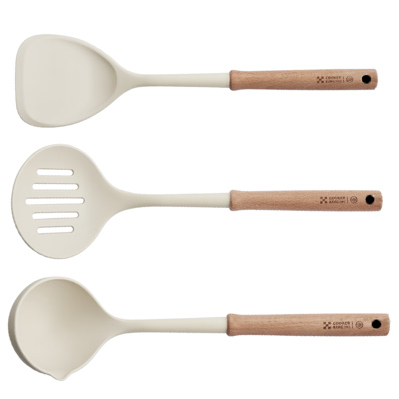 Chuida Huang Antibacterial Silicone Spatula, Ladle, and Strainer 3-Piece Set with Wooden Long Handles Non-Stick Cooking Utensils for Home Cooking