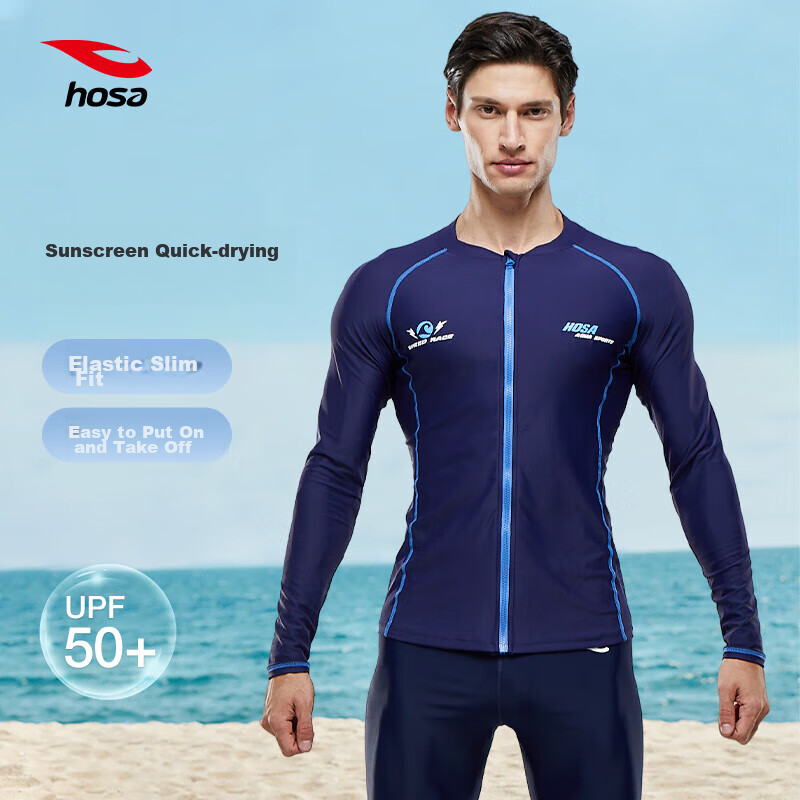 Hosa Men's Long-Sleeve Swimsuit, Beach Swimwear, Vacation Diving And Surfing Suit, Navy Blue Top, Size M