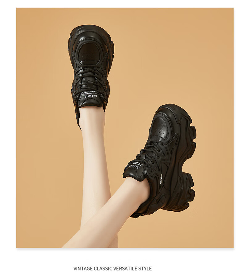 DAPHNE Thick-Soled Height-Increasing Dad Sneakers for Women, Versatile Fashionable Casual Shoes, Style 4623101103, Black, Size 39 10