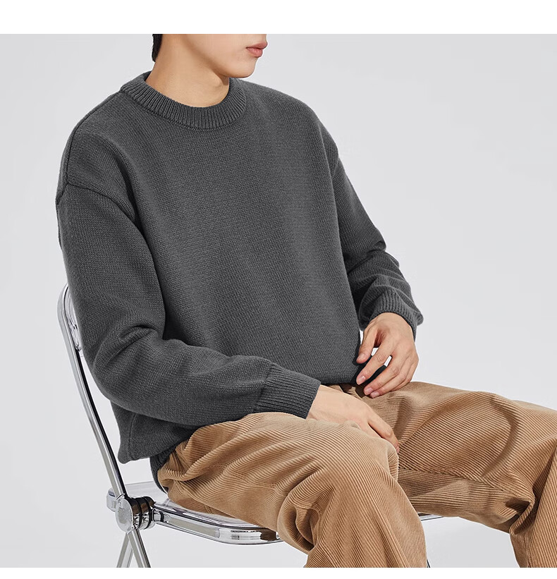 Huili Men's Sweater, Autumn And Winter Round Neck Pullover, Warm Base Layer Knit Sweater, Thick Comfortable Warm Top, Iron Gray, 4XL 14