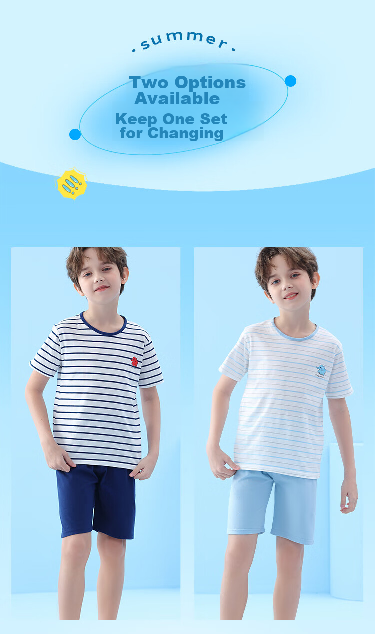 LangSha Children's Pajamas for Boys, Summer Thin Style, Youth Short-Sleeve Shorts, Student Pure Cotton Home Wear Set, Size 160 3